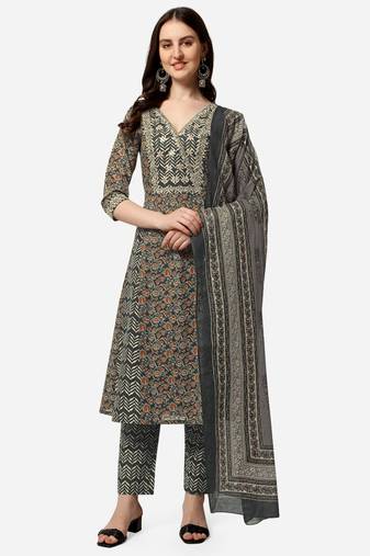 Black Cotton Yoke-Silver Gotta Patti Printed Kurta Trouser With Dupatta