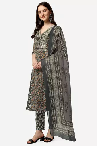 Black Cotton Yoke-Silver Gotta Patti Printed Kurta Trouser With Dupatta