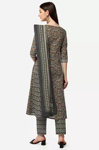 Black Cotton Yoke-Silver Gotta Patti Printed Kurta Trouser With Dupatta
