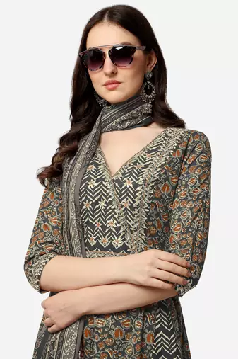 Black Cotton Yoke-Silver Gotta Patti Printed Kurta Trouser With Dupatta