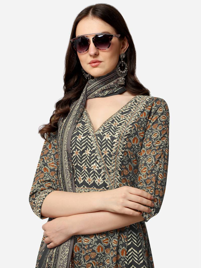 Black Cotton Yoke-Silver Gotta Patti Printed Kurta Trouser With Dupatta