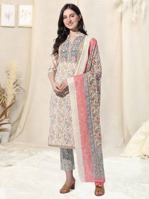 Cream And Multi Cotton Printed Floral Kurta With Pant And Dupatta 1
