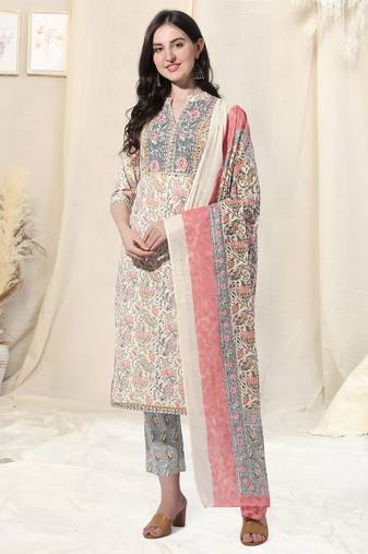 Cream And Multi Cotton Printed Floral Kurta With Pant And Dupatta