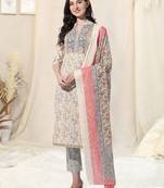 Cream And Multi Cotton Printed Floral Kurta With Pant And Dupatta