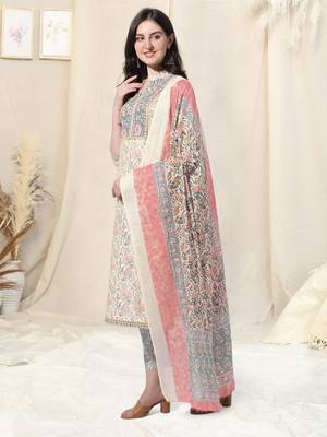 Cream And Multi Cotton Printed Floral Kurta With Pant And Dupatta 2