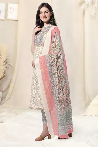 Cream And Multi Cotton Printed Floral Kurta With Pant And Dupatta