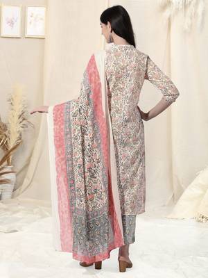 Cream And Multi Cotton Printed Floral Kurta With Pant And Dupatta 3