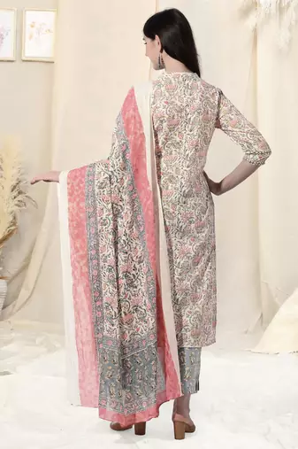 Cream And Multi Cotton Printed Floral Kurta With Pant And Dupatta