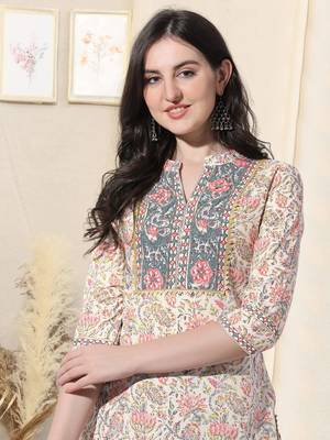 Cream And Multi Cotton Printed Floral Kurta With Pant And Dupatta 4