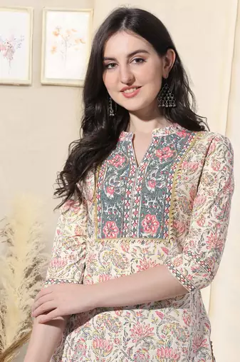 Cream And Multi Cotton Printed Floral Kurta With Pant And Dupatta