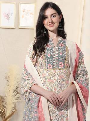 Cream And Multi Cotton Printed Floral Kurta With Pant And Dupatta 5
