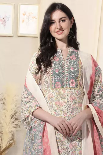 Cream And Multi Cotton Printed Floral Kurta With Pant And Dupatta