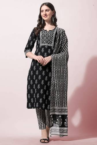 Black Cotton Mirror Embroidery Printed Kurta With Pant And Dupatta