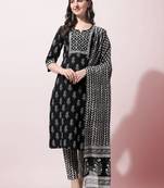 Black Cotton Mirror Embroidery Printed Kurta With Pant And Dupatta