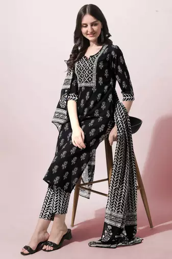 Black Cotton Mirror Embroidery Printed Kurta With Pant And Dupatta
