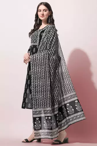 Black Cotton Mirror Embroidery Printed Kurta With Pant And Dupatta
