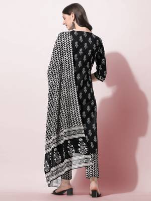 Black Cotton Mirror Embroidery Printed Kurta With Pant And Dupatta 5
