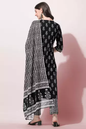 Black Cotton Mirror Embroidery Printed Kurta With Pant And Dupatta