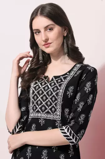 Black Cotton Mirror Embroidery Printed Kurta With Pant And Dupatta