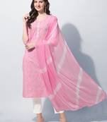 Pink Cotton Thread Embroidery Printed Kurta With Pant And Dupatta