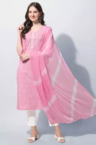 Pink Cotton Thread Embroidery Printed Kurta With Pant And Dupatta