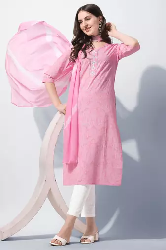 Pink Cotton Thread Embroidery Printed Kurta With Pant And Dupatta