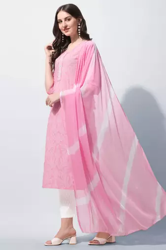 Pink Cotton Thread Embroidery Printed Kurta With Pant And Dupatta