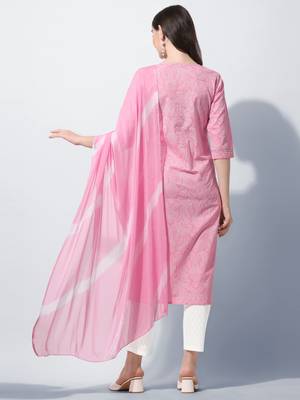 Pink Cotton Thread Embroidery Printed Kurta With Pant And Dupatta 5