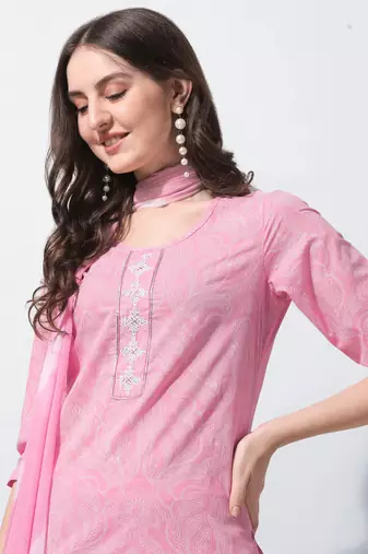 Pink Cotton Thread Embroidery Printed Kurta With Pant And Dupatta
