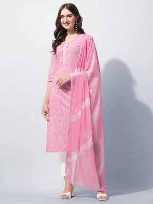 Pink Cotton Thread Embroidery Printed Kurta With Pant And Dupatta 8