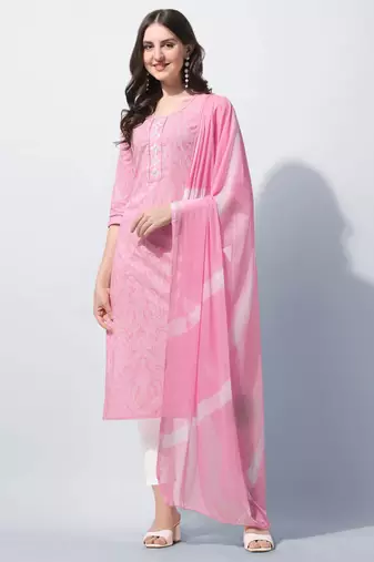 Pink Cotton Thread Embroidery Printed Kurta With Pant And Dupatta