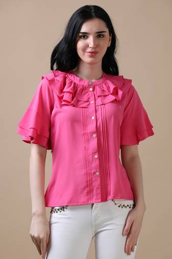 Pink flared sleeve solid a-line top