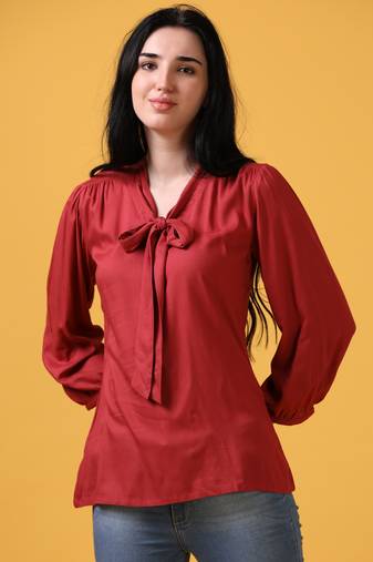 Maroon puff sleeve solid a-line top