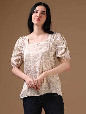 Beige satin elbow sleeves party top 1