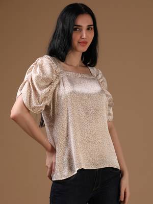 Beige satin elbow sleeves party top 3