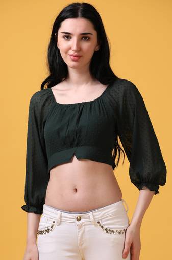 Dark green 3/4th sleeve dobby print casual top