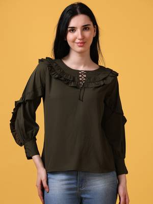 Dark green 3/4th bishop sleeve party wear top 1