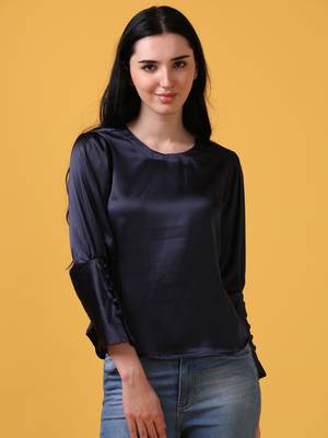 Satin navy 3/4th puff sleeve party wear top 1