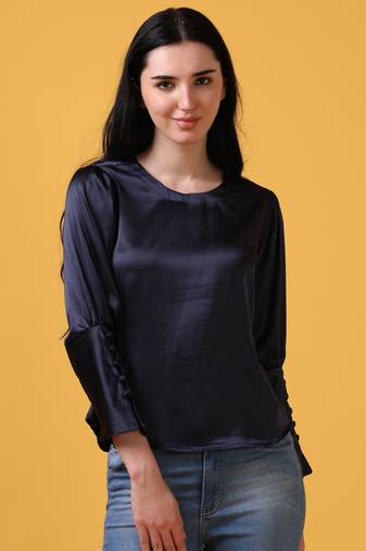 Satin navy 3/4th puff sleeve party wear top