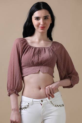 Mauve dobby print 3/4th puff sleeves party wear top
