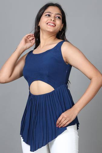 Navy blue sleeveless georgette solid western standard length top