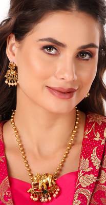 Mansiyaorange matte gold sacred elephant motif temple multi chain pendant jewellery sets for women 1