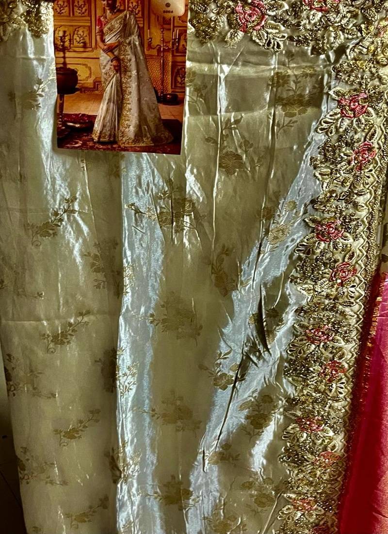 Cream Silk Sequins Work Party Wear Sarees
