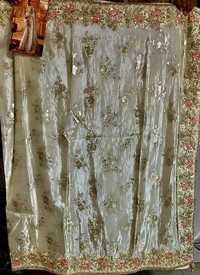 Cream Silk Sequins Work Party Wear Sarees 4