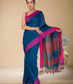 Royal Blue Khadi Cotton saree with pink border 