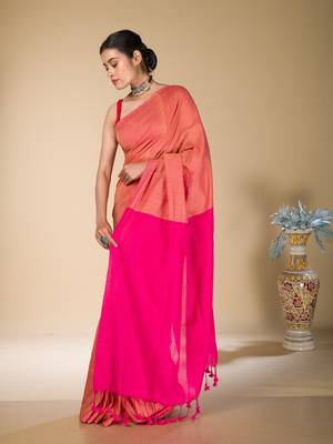 Orange and fuchsia plain pure cotton saree 1