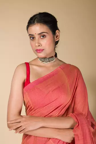 Orange and fuchsia plain pure cotton saree