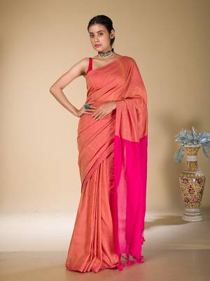 Orange and fuchsia plain pure cotton saree 3