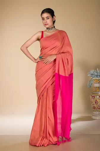 Orange and fuchsia plain pure cotton saree