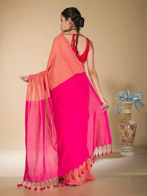 Orange and fuchsia plain pure cotton saree 4